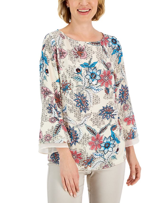 Women's Etched Batik Printed Flared-Sleeve Top, Created For Macy's JM Collection Women's Etched Batik Printed Flared-Sleeve Top, Created For Macy's -CeCe cloth-shop