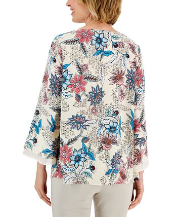 Women's Etched Batik Printed Flared-Sleeve Top, Created For Macy's JM Collection Women's Etched Batik Printed Flared-Sleeve Top, Created For Macy's -CeCe cloth-shop