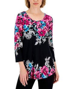 JM Collection Women's Floral Escapade Printed Knit Top, Created For Macy's