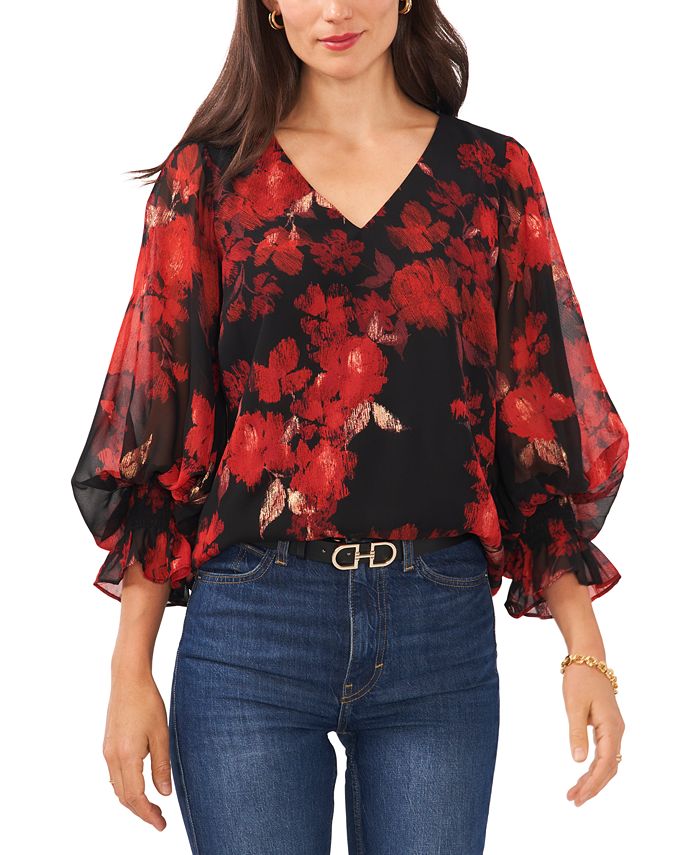 Women's Floral-Print Balloon-Sleeve Top Vince Camuto Women's Floral-Print Balloon-Sleeve Top -CeCe cloth-shop