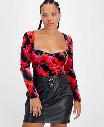 Bar III Women's Floral-Print Square-Neck Velvet Bodysuit, Created For Macy's - Image 3