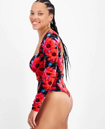 Bar III Women's Floral-Print Square-Neck Velvet Bodysuit, Created For Macy's - Image 2