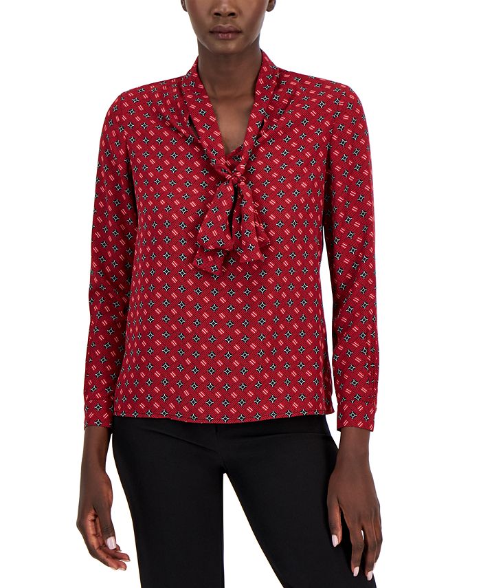 Women's Printed Satin-Twill Tie-Neck Blouse Anne Klein Women's Printed Satin-Twill Tie-Neck Blouse -CeCe cloth-shop