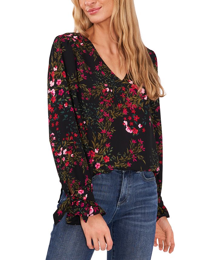 CeCe Women's Long Sleeve V-Neck Tie-Cuff Blouse 1 CeCe Women's Long Sleeve V-Neck Tie-Cuff Blouse