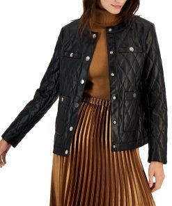 Anne Klein Women's Faux-Leather Quilted Snap Jacket