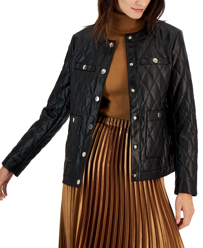 Women's Faux-Leather Quilted Snap Jacket Anne Klein Women's Faux-Leather Quilted Snap Jacket -CeCe cloth-shop
