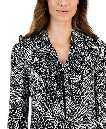 Women's Printed Tie V-Neck Ruffled Long-Sleeve Top Kasper Women's Printed Tie V-Neck Ruffled Long-Sleeve Top -CeCe cloth-shop