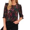 CeCe Women's Floral-Print 3/4-Sleeve Ruffle-Shoulder Top