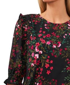 CeCe Women's Floral-Print 3/4-Sleeve Ruffle-Shoulder Top -CeCe cloth-shop 22683898 fpx