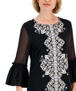 JM Collection Women's Medallion Trail Sheer-Sleeve Tunic, Created For Macy's -CeCe cloth-shop 22718732 fpx