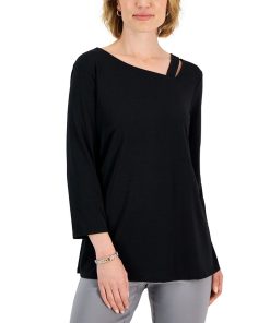 JM Collection Women's Asymmetrical-Neck Lattice-Trim Top, Created For Macy's