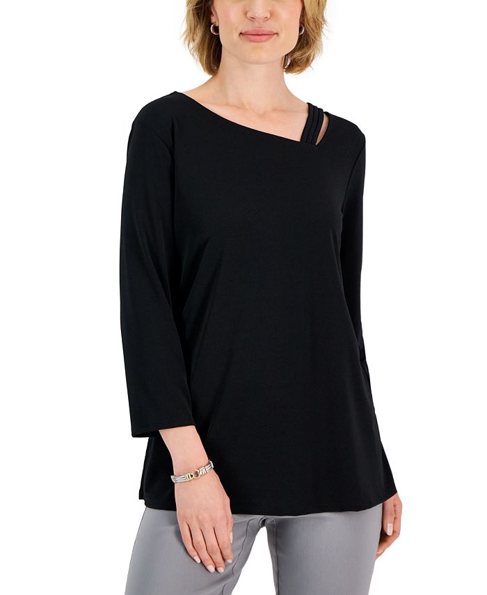 Women's Asymmetrical-Neck Lattice-Trim Top, Created For Macy's JM Collection Women's Asymmetrical-Neck Lattice-Trim Top, Created For Macy's -CeCe cloth-shop