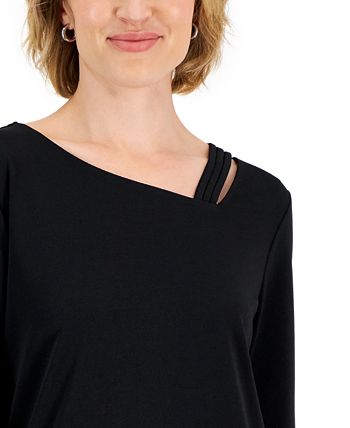 Women's Asymmetrical-Neck Lattice-Trim Top, Created For Macy's JM Collection Women's Asymmetrical-Neck Lattice-Trim Top, Created For Macy's -CeCe cloth-shop