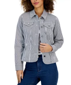 Charter Club Women's Striped Denim Trucker Jacket, Created For Macy's 4 Charter Club Women's Striped Denim Trucker Jacket, Created For Macy's -CeCe cloth-shop 22722784 fpx