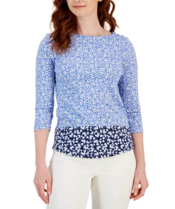 Charter Club Women's Colorblocked Boat-Neck 3/4-Sleeve Top, Created For Macy's -CeCe cloth-shop 22722874 fpx