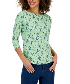 Charter Club Women's Floral Boat-Neck 3/4-Sleeve Top, Created For Macy's