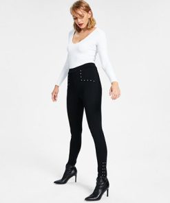 Bar III Women's Studded Waist Detail Pull-On Leggings, Created For Macy's 2 Bar III Women's Studded Waist Detail Pull-On Leggings, Created For Macy's -CeCe cloth-shop 22724791 fpx