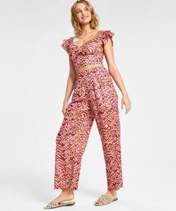 Bar III Women's Printed Wide-Leg Smocked-Waist Pull-On Pants, Created For Macy's 2 Bar III Women's Printed Wide-Leg Smocked-Waist Pull-On Pants, Created For Macy's -CeCe cloth-shop 22724986 fpx