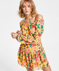 Bar III Women's Printed Long-Sleeve Scoop-Neck Top, Created For Macy's