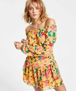 Bar III Women's Printed Long-Sleeve Scoop-Neck Top, Created For Macy's