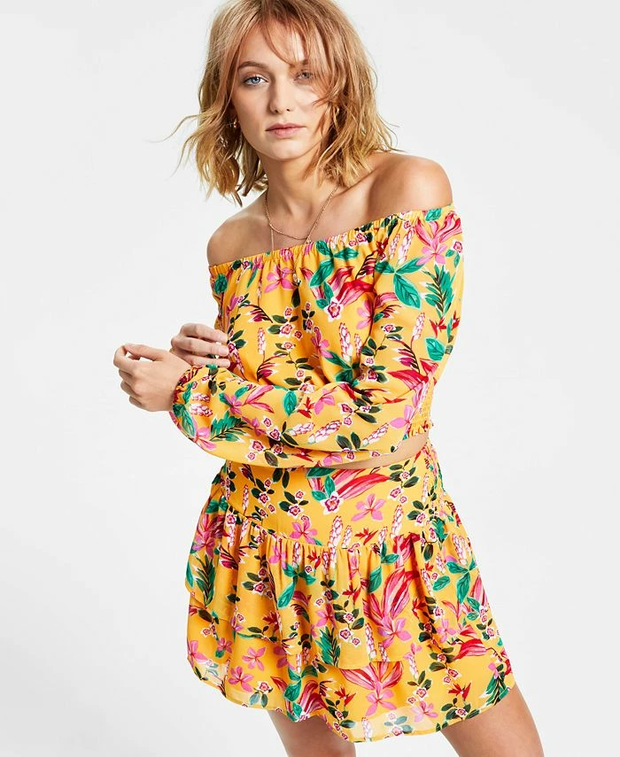 Bar III Women's Printed Long-Sleeve Scoop-Neck Top, Created For Macy's