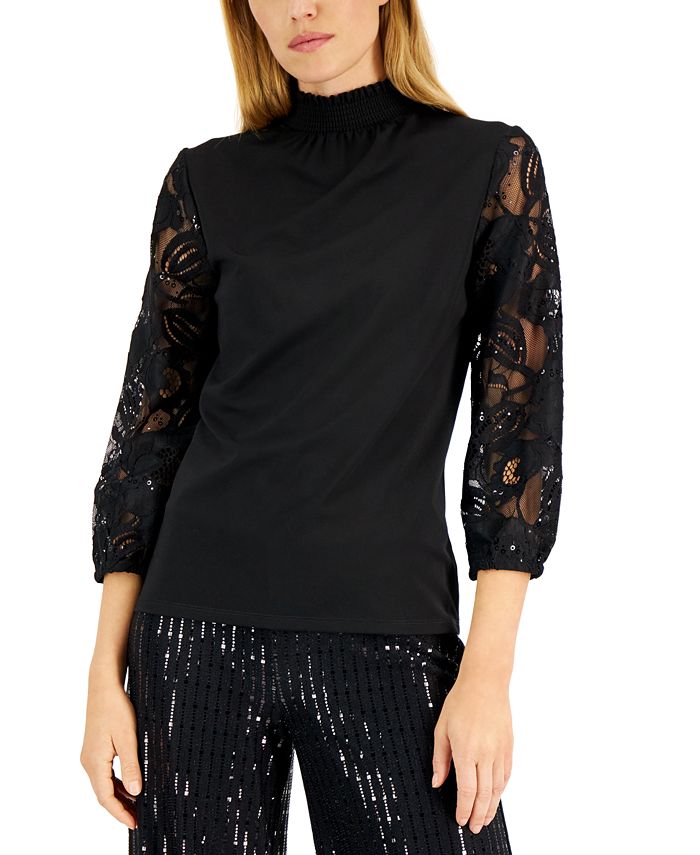 Women's Mixed-Media Lace-Sleeve Top Anne Klein Women's Mixed-Media Lace-Sleeve Top -CeCe cloth-shop