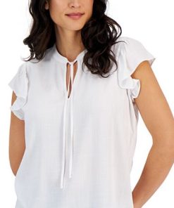 Style & Co Women's Woven Flutter-Sleeve Tie-Neck Top, Created For Macy's -CeCe cloth-shop 22737825 fpx