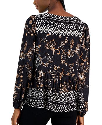 Women's Printed V-Neck Peasant Top, Created For Macy's Style & Co Women's Printed V-Neck Peasant Top, Created For Macy's -CeCe cloth-shop
