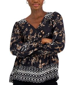 Style & Co Women's Printed V-Neck Peasant Top, Created For Macy's 2 Style & Co Women's Printed V-Neck Peasant Top, Created For Macy's -CeCe cloth-shop 22759644 fpx