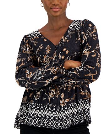 Women's Printed V-Neck Peasant Top, Created For Macy's Style & Co Women's Printed V-Neck Peasant Top, Created For Macy's -CeCe cloth-shop