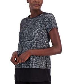 Anne Klein Women's Plaid Jacquard Short-Sleeve Top 2 Anne Klein Women's Plaid Jacquard Short-Sleeve Top -CeCe cloth-shop 22767471 fpx