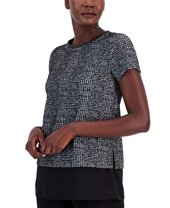 Women's Plaid Jacquard Short-Sleeve Top Anne Klein Women's Plaid Jacquard Short-Sleeve Top -CeCe cloth-shop