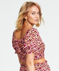 Bar III Women's Printed Square-Neck Short-Sleeve Crop Top, Created For Macy's -CeCe cloth-shop 22771063 fpx