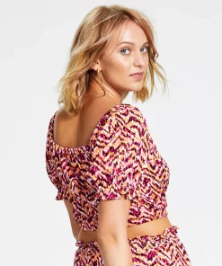 Bar III Women's Printed Square-Neck Short-Sleeve Crop Top, Created For Macy's -CeCe cloth-shop 22771063 fpx