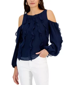 INC International Concepts Women's Ruffled Cold-Shoulder Top, Created For Macy's -CeCe cloth-shop 22779518 fpx
