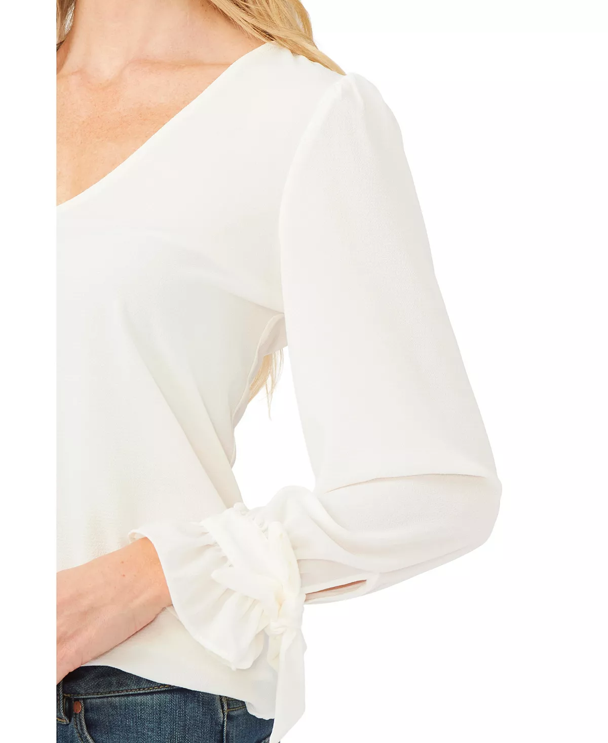 CeCe Women's Solid Long Sleeve V-Neck Tie-Cuff Blouse - Image 5