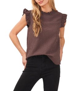 CeCe Women's Ruffled Neck Cotton Check Blouse