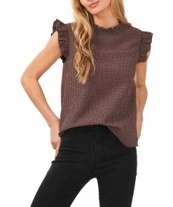 CeCe Women's Ruffled Neck Cotton Check Blouse
