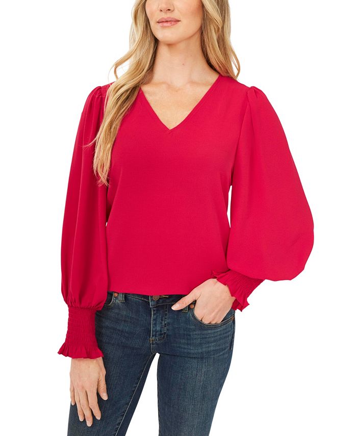 CeCe Women's Solid Smocked-Cuff V-Neck Charmeuse Blouse 4 CeCe Women's Solid Smocked-Cuff V-Neck Charmeuse Blouse - Image 4