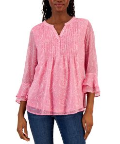 Charter Club Women's Printed Split-Neck Top, Created For Macy's