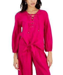 INC International Concepts Women's Lace-Up Tie-Hem Linen Blouse, Created For Macy's