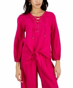 INC International Concepts Women's Lace-Up Tie-Hem Linen Blouse, Created For Macy's