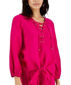 INC International Concepts Women's Lace-Up Tie-Hem Linen Blouse, Created For Macy's -CeCe cloth-shop 22782963 fpx