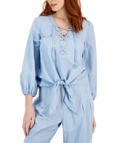INC International Concepts Women's Chambray Lace-Up Top, Created For Macy's