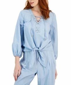 INC International Concepts Women's Chambray Lace-Up Top, Created For Macy's