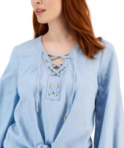 INC International Concepts Women's Chambray Lace-Up Top, Created For Macy's -CeCe cloth-shop 22783462 fpx