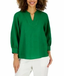 Charter Club Women's Linen Split-Neck Top, Created For Macy's