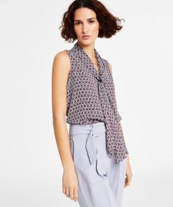Bar III Women's Geo Print Sleeveless Bow-Tie Blouse