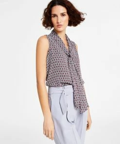 Bar III Women's Geo Print Sleeveless Bow-Tie Blouse