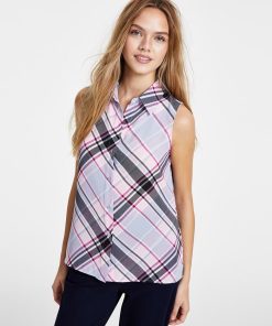 Bar III Plaid Point-Collar Button-Up Sleeveless Top, Created For Macy's